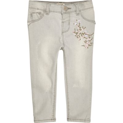 Mini girls grey embroidered skinny jeans